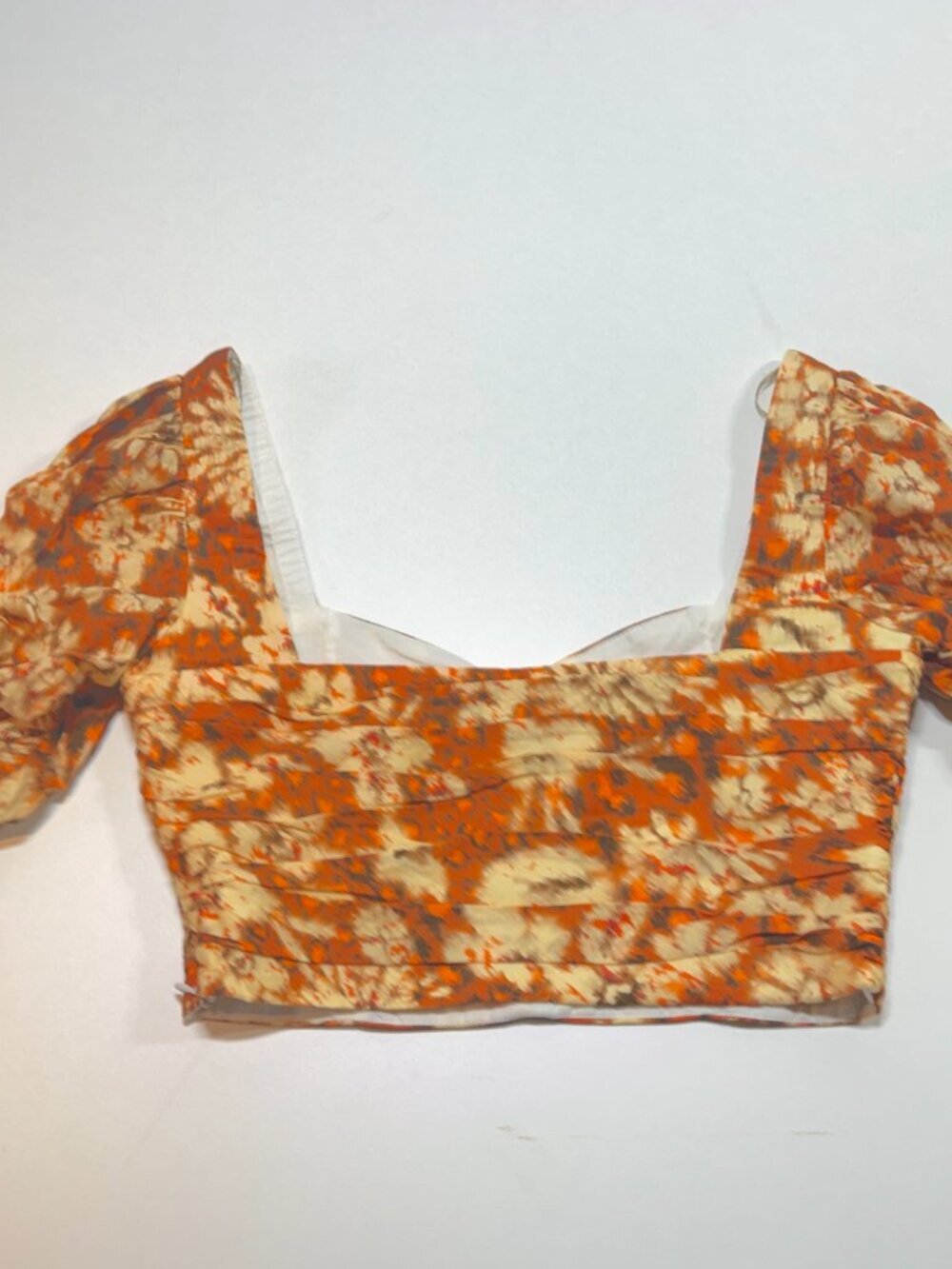 Zara Ruched Floral Crop Top XS Orange Puff Sleeve Cottagecore Boho - Picture 9 of 9